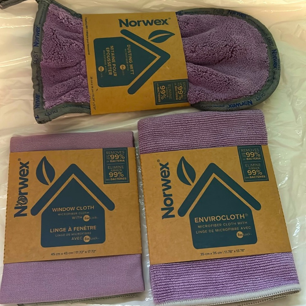 NWT Norwex Set of 3: 1 Envirocloth, 1 Window cloth & 1 Dust Mitt Amathyst purple
